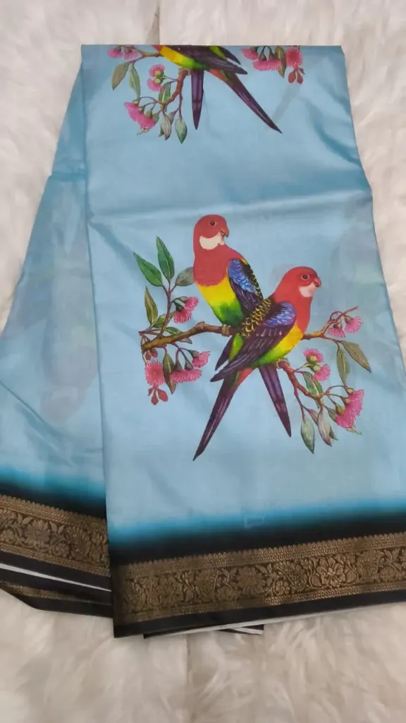 Soft Silk Parrot Print -Uppada Stock Light Blue