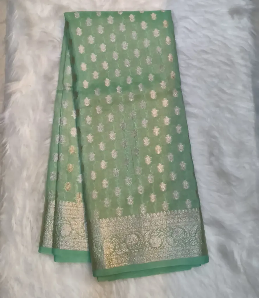 Banarasi Tusser Semi Silk Saree- Traditional Floral Butti Weave From Varanasi - Pastel Green