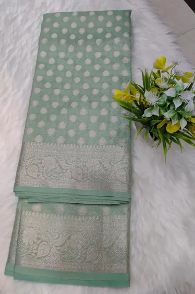 Elegant Varanasi Tussar Semi Silk Saree Pastel Green with All-Over Floral Butti Work
