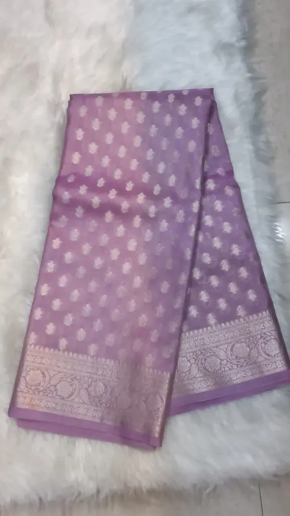 Banarasi Tusser Semi Silk Saree- Traditional Floral Butti Weave From Varanasi - pastel lavender