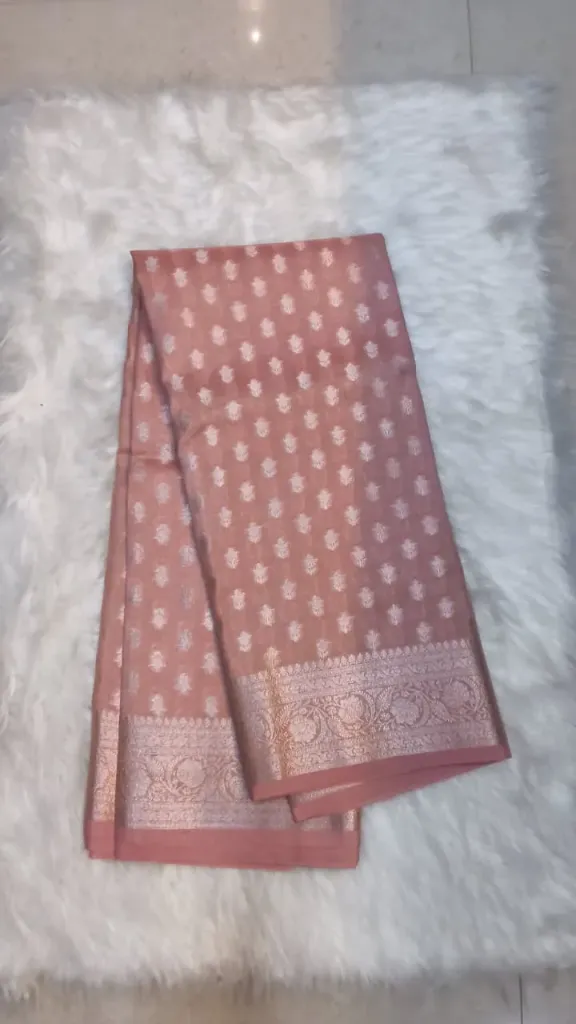 Banarasi Tusser Semi Silk Saree- Traditional Floral Butti Weave From Varanasi - light biscut color