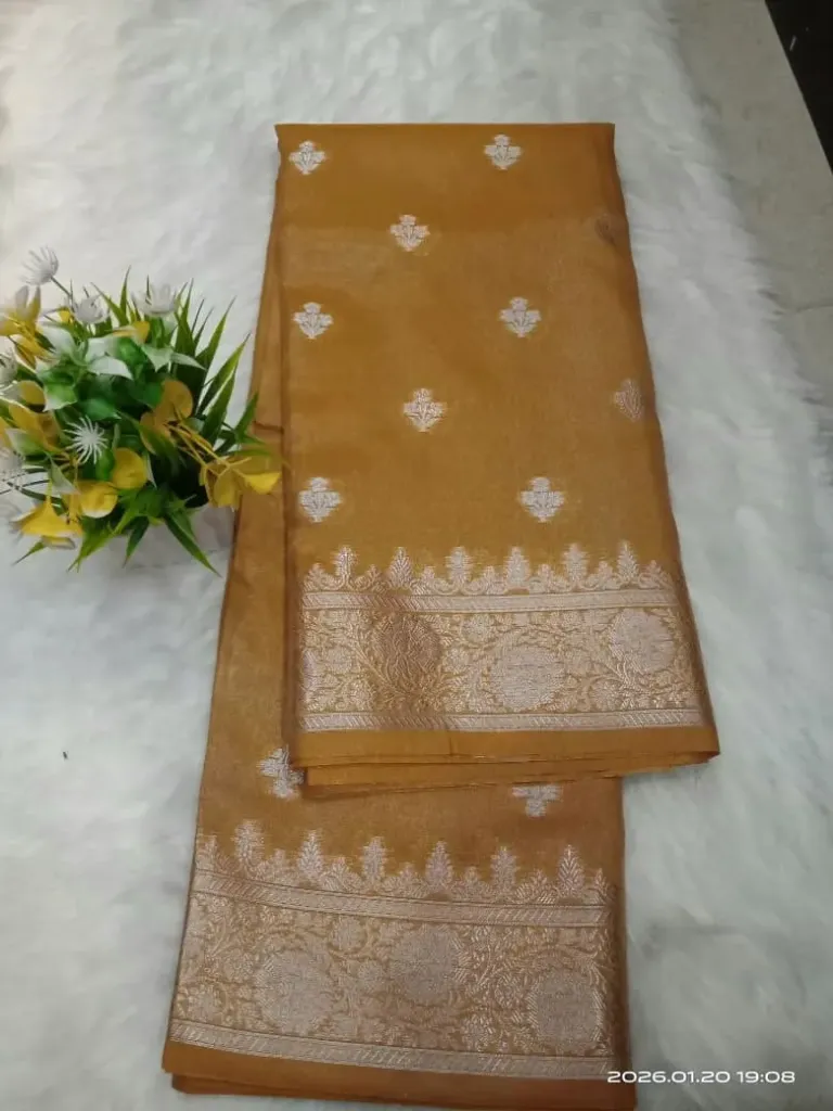 Banarasi Tusser Semi Silk Saree- Traditional Floral Butti Weave From Varanasi - Double shaded Yellow