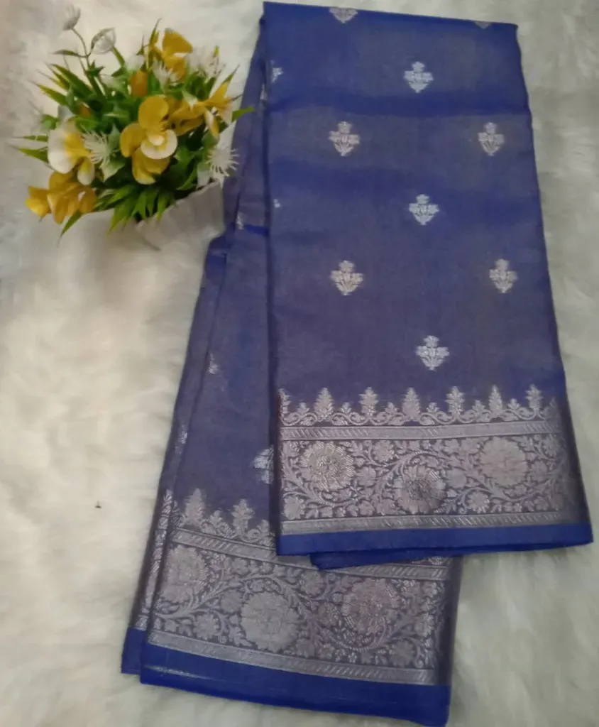 Banarasi Tusser Semi Silk Saree- Traditional Floral Butti Weave From Varanasi - Double Shaded Blue