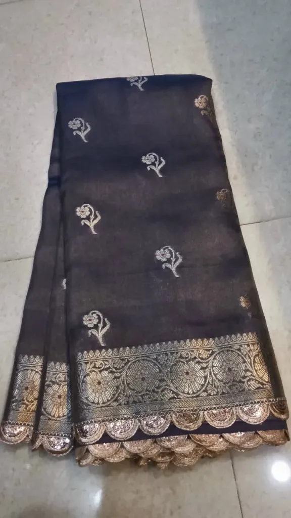Tussar Silk With Lace Border - Dark Grey
