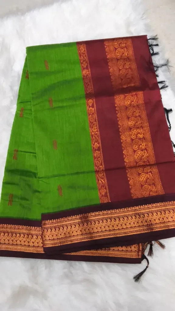 Kalyani Cotton Sarees - Green with Maroon Border