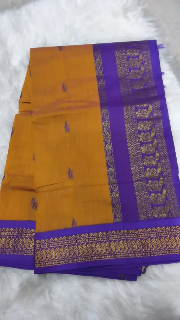 Kalyani Cotton Sarees - Mustard with Blue Border