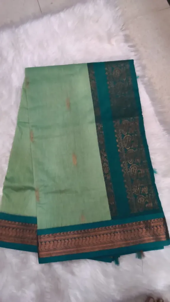 Kalyani Cotton Sarees - Pastel Green With Blue Border