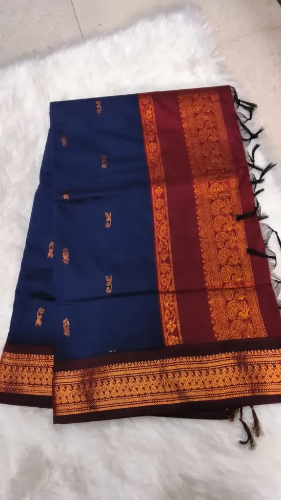 Kalyani Cotton Sarees - Blue with Maroon Border