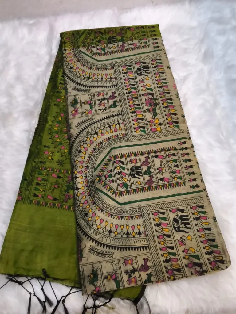 Printed Kanta Sarees - Cream/Green