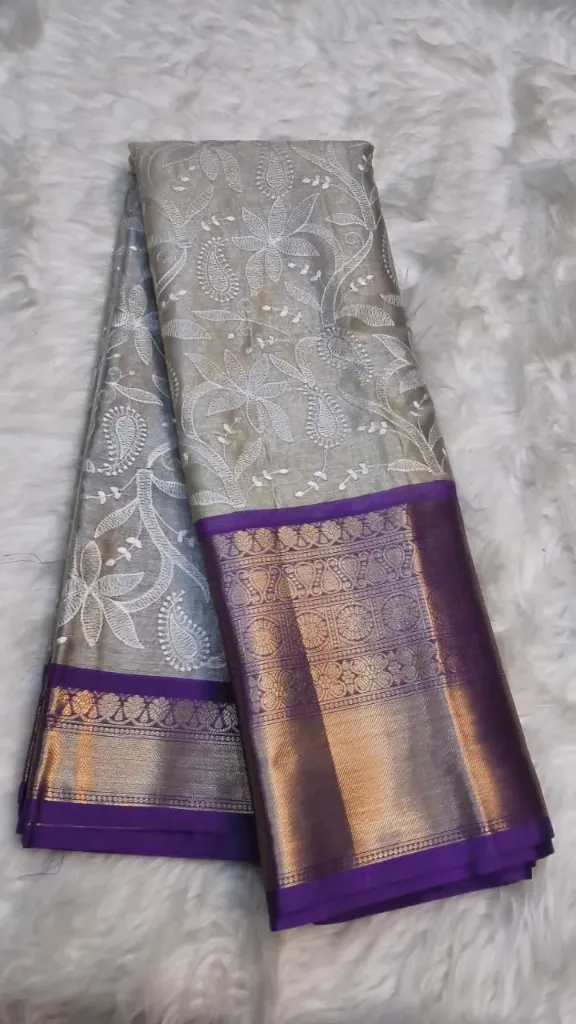 Embroidery Silk Sarees - Silver Grey with Purple Border