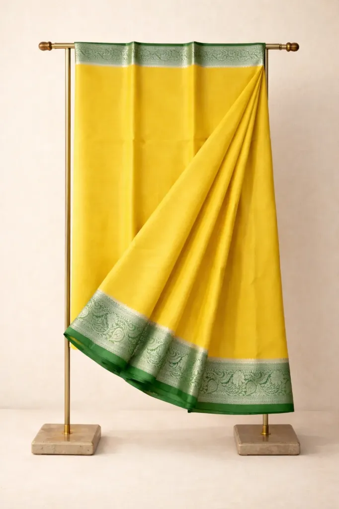 Timeless Varanasi Heritage Warm Silk- Lemon Yellow with Green Border